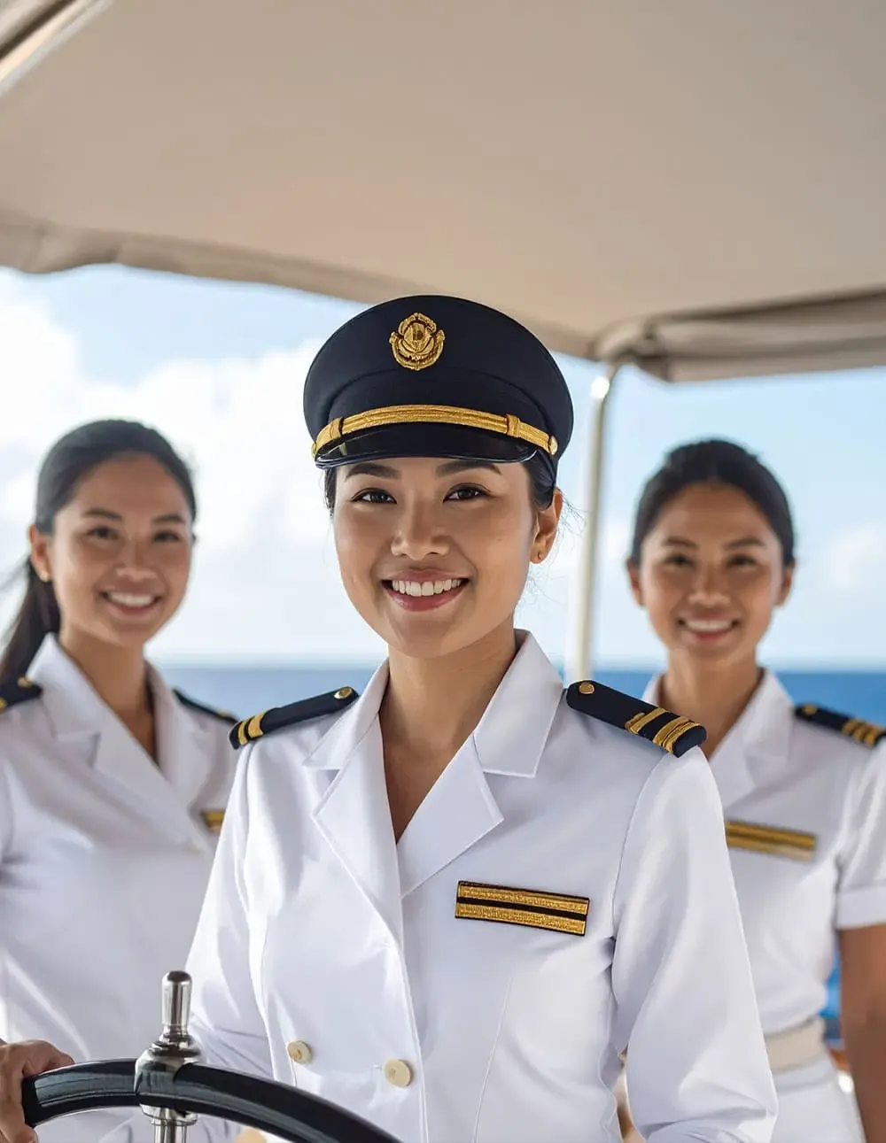 Professional female crew serving guests on a yacht